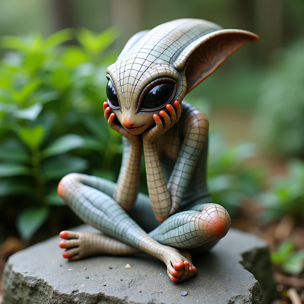 Beautiful ceramic Alien, Sitting on a stone, Holding chin with both hands, Diffuse lighting, fantasy, complex, elegant, Colorful grid suit, Very detailed, Artworks of Yoshitaka Amano,Garden Background,