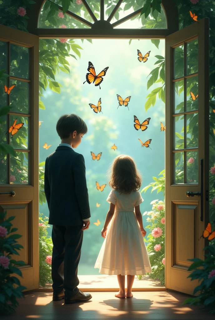 Create an image with two boys inside a butterfly house. The boy has a black suit, He has his face covered and is holding the door. The girl is wearing a white nightgown and butterflies are flying around her both