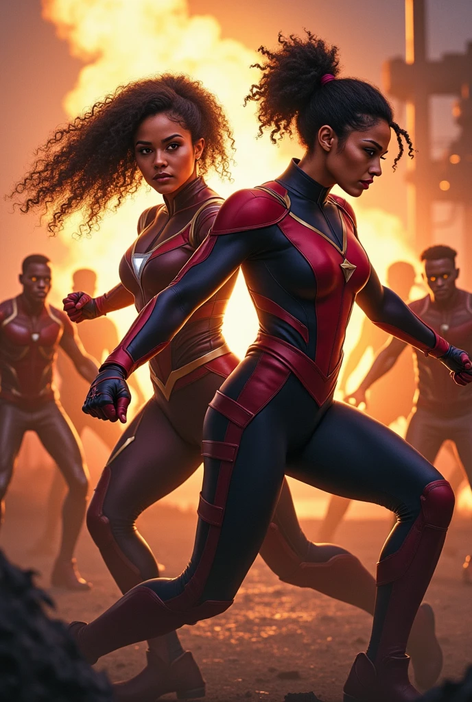 Create the cover of a movie that is two sisters as adults, one with curly hair and a thin ponytail and a little dark and the other with medium complexion and layered hair and a little dark and the title is called Las Doñas in Spanish and that both look like they are 50 years old that looks like a Marvel-style superhero cover and that they look like they are defeating several dark-skinned people.