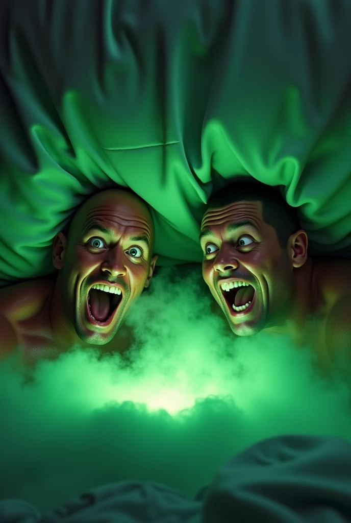 The image depicts two men, who resemble Dwayne "The Rock" Johnson and John Cena, peeking out from underneath a bed. Both have exaggerated, humorous expressions of surprise or fear on their faces. Dwayne Johnson is on the left, showing a wide-open mouth as if shouting or gasping. John Cena, on the right, has his eyes wide open and mouth agape in a shocked expression. A green glow emanates from beneath the bed, creating a spooky or supernatural atmosphere. There is also a green mist or smoke surrounding them, adding to the dramatic effect of the scene.