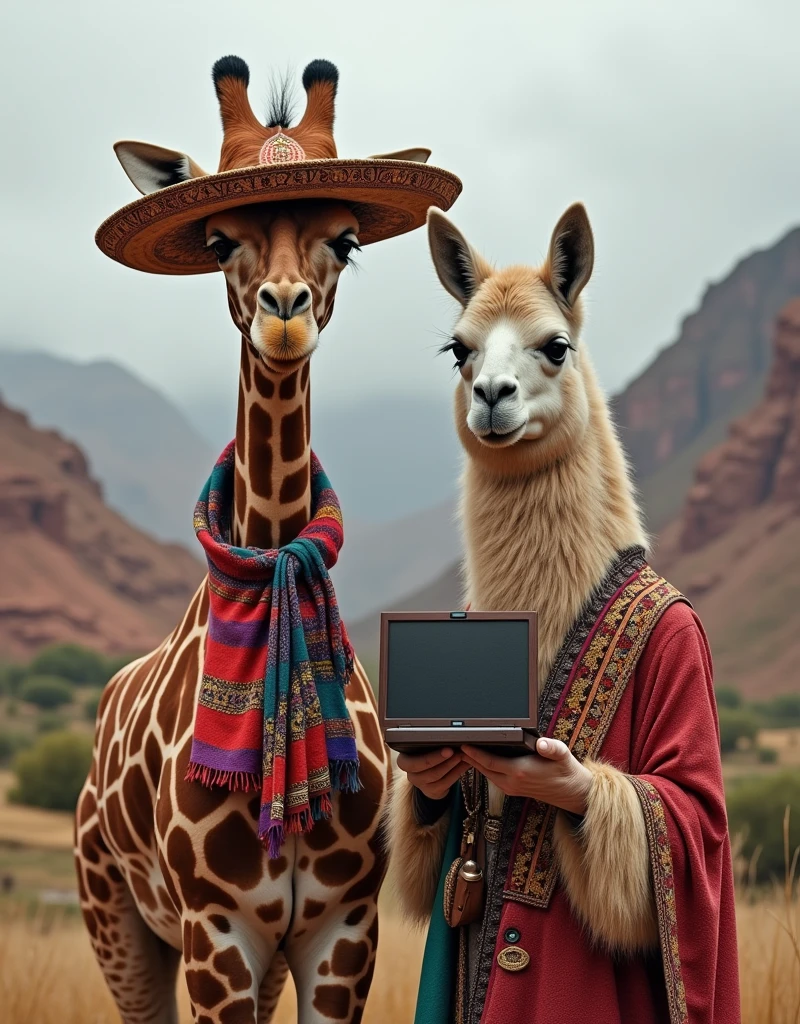 Araffe with a colorful scarf and a hat or chullo standing next to a llama, wearing Inka clothing, still style, Peruvian looking, 🤠 wearing a 🖥, Quechua!!, Perúvian, Quechua!, traditional costume, wearing authentic clothing, wearing a suit traditional, Llama with dreadlocks, Peru, ivan bolivian, traditional clothing, authentic costume, in the background the mountain of 7 colors Peru