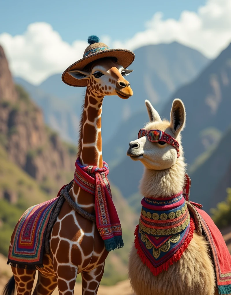 Araffe with a colorful scarf and a hat or chullo standing next to a llama, wearing Inka clothing, still style, Peruvian looking, 🤠 wearing a 🖥, Quechua!!, Perúvian, Quechua!, traditional costume, wearing authentic clothing, wearing a suit traditional, Llama with dreadlocks, Peru, ivan bolivian, traditional clothing, authentic costume, in the background the mountain of 7 colors Peru