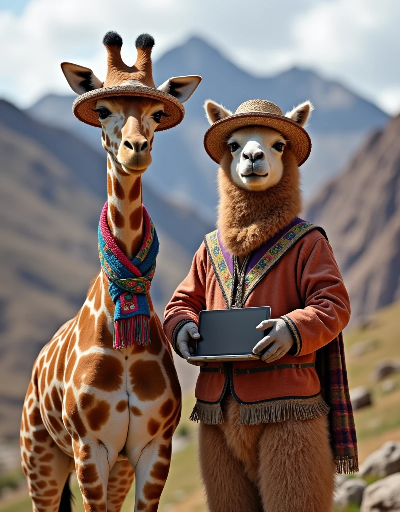 Araffe with a colorful scarf and a hat or chullo standing next to a llama, wearing Inka clothing, still style, Peruvian looking, 🤠 wearing a 🖥, Quechua!!, Perúvian, Quechua!, traditional costume, wearing authentic clothing, wearing a suit traditional, Llama with dreadlocks, Peru, ivan bolivian, traditional clothing, authentic costume, in the background the mountain of 7 colors Peru