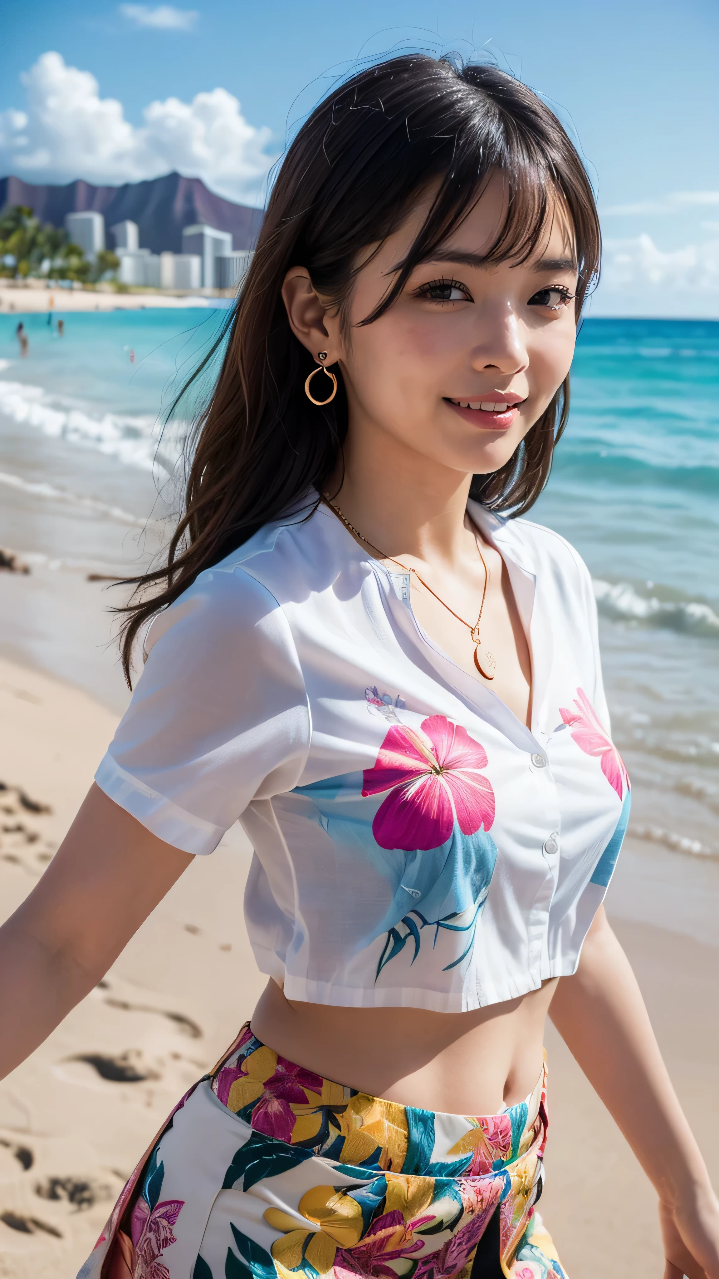 Highest qualityのリアル, Official Art, Highly detailed CG Unity 8k wallpaper,(masterpiece:1.3), (8k, Realistic, RAW Photos, Highest quality: 1.4), (1 girl), Pretty face, (Realistic Face), (Black Hair, Medium Hair:1.3), Beautiful hairstyle, Realistic eyes, Fine grain, (Realistic Skin), Beautiful Skin, (Breast Top), absurdes, Charm, Ultra-high definition resolution, Surreal Golden Ratio, Very detailed, Upper Body, Japanese Idols,(Aloha shirt and floral mini skirt:1.3),BREAK,nice lol,(Heart Necklace),(Triangle Earrings),BREAK, (Gentle smile like a goddess),(Standing on the white sand of Waikiki Beach with Diamond Head in the background:1.2),Standing position, The hem of her aloha shirt flutters in the wind、Perfect Fingers、