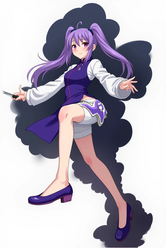 1 girl、solo、Blushing、Staring at the audience、smile、Twin tails、Simple Background、Long sleeve、Holding a knife、Mouth closed、Are standing、Purple Hair、whole body、Chinese clothes、Raising his leg、Standing on one leg、Purple Chinese Dress、White shorts、Purple Shoes、No socks、Flat shoes