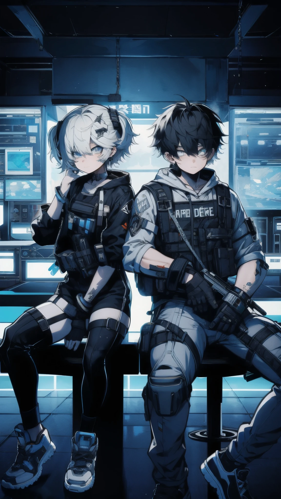 (high quality), (masterpiece), (detailed), 8K, (Teenage couple1.3) dressed in (modern tactical clothing1.3) sit at (sleek high-tech bar1.3) with (glowing holographic displays1.2) behind them. Futuristic setting contrasts with their gear, creating intriguing blend of technology and tactical readiness. (high quality), (masterpiece), (detailed), 8K, Anime style character with (cool and edgy tattoos1.3), dressed in (fashionable clothing1.2), posing confidently. Expression fierce, stylish accessory coiled around arm. Thicker outlines emphasize striking, modern fashion, vibrant palette enhances scene.