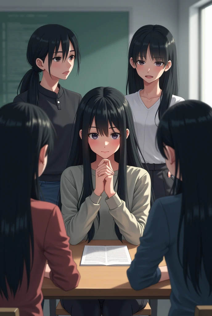 Five girls with black hair and one boy with black hair from group psychology


