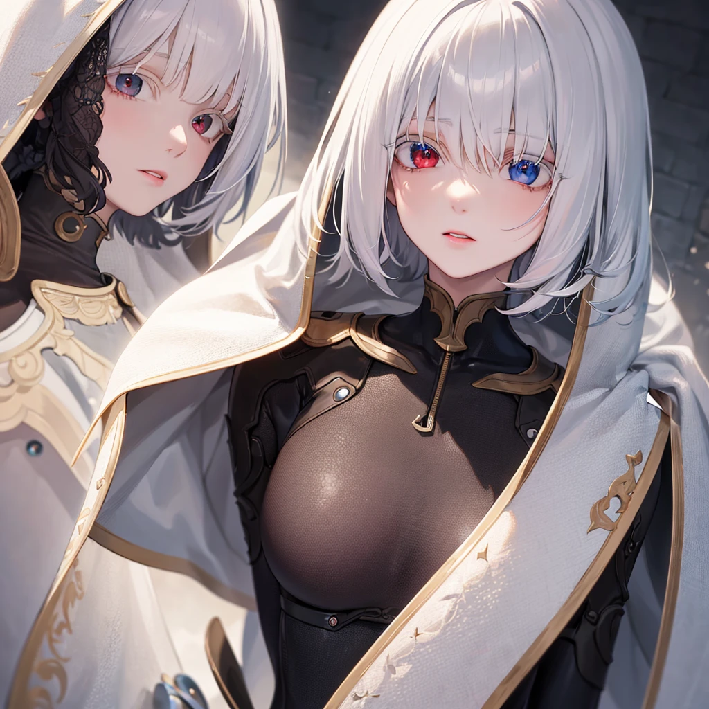 ((best quality)), ((highly detailed)), masterpiece, absurdres, (detailed eyes, deep eyes), cape, bodysuit, albino, white hair, short hair, red eyes, eyelashes, very pale skin, (((side, view portrait)))