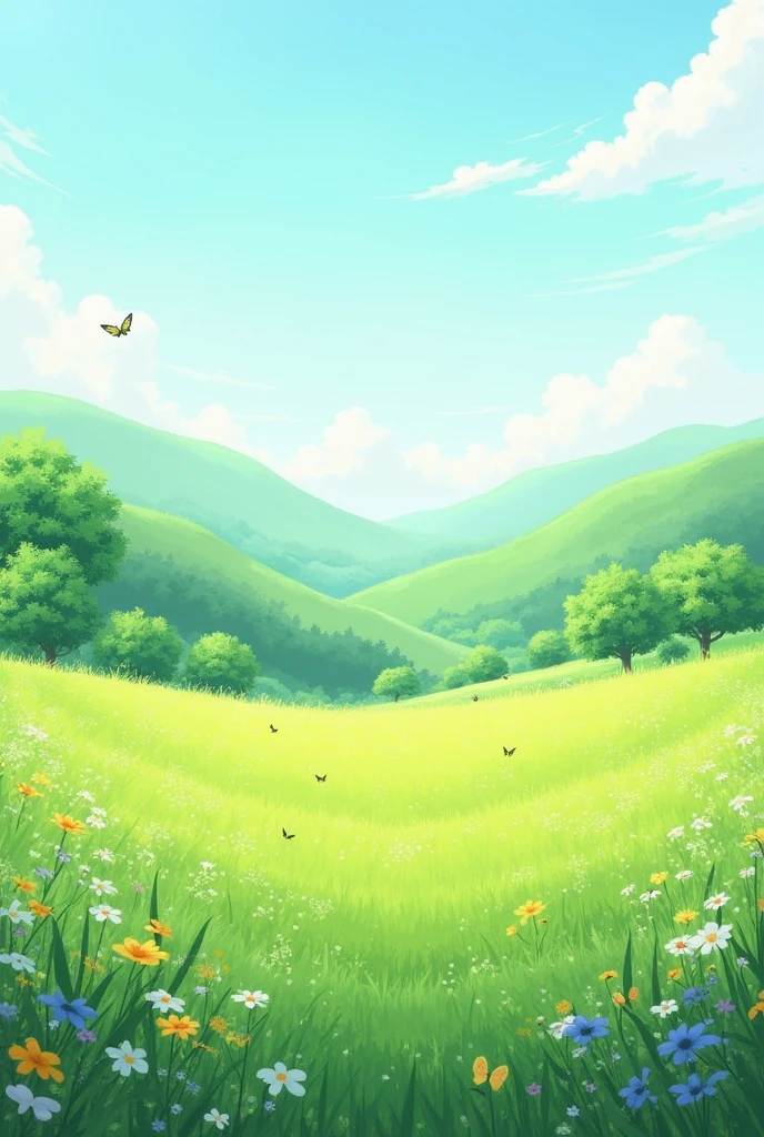 Create a horizontal image of a meadow without people in anime style