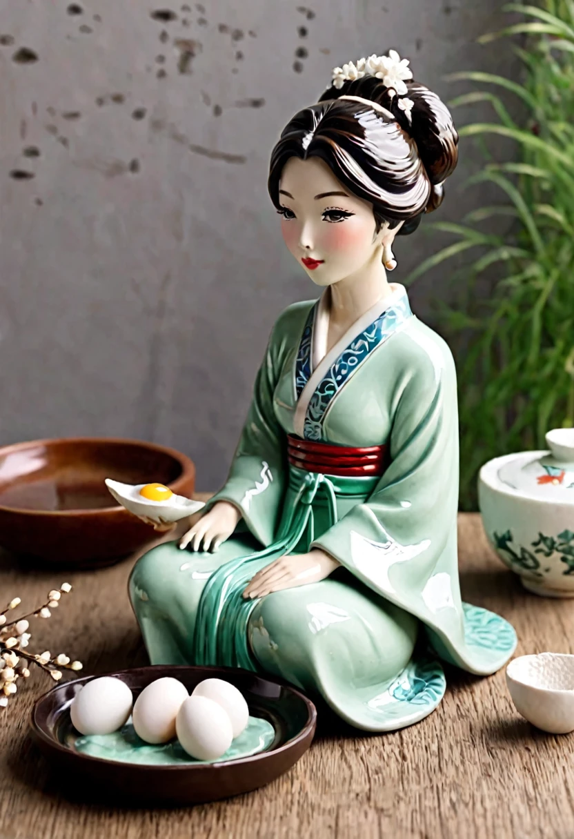 ceramic ash tray (cute woman, yuna, traditional Chinese dress sea foam green, a few egg shell cracks) sitting on a table