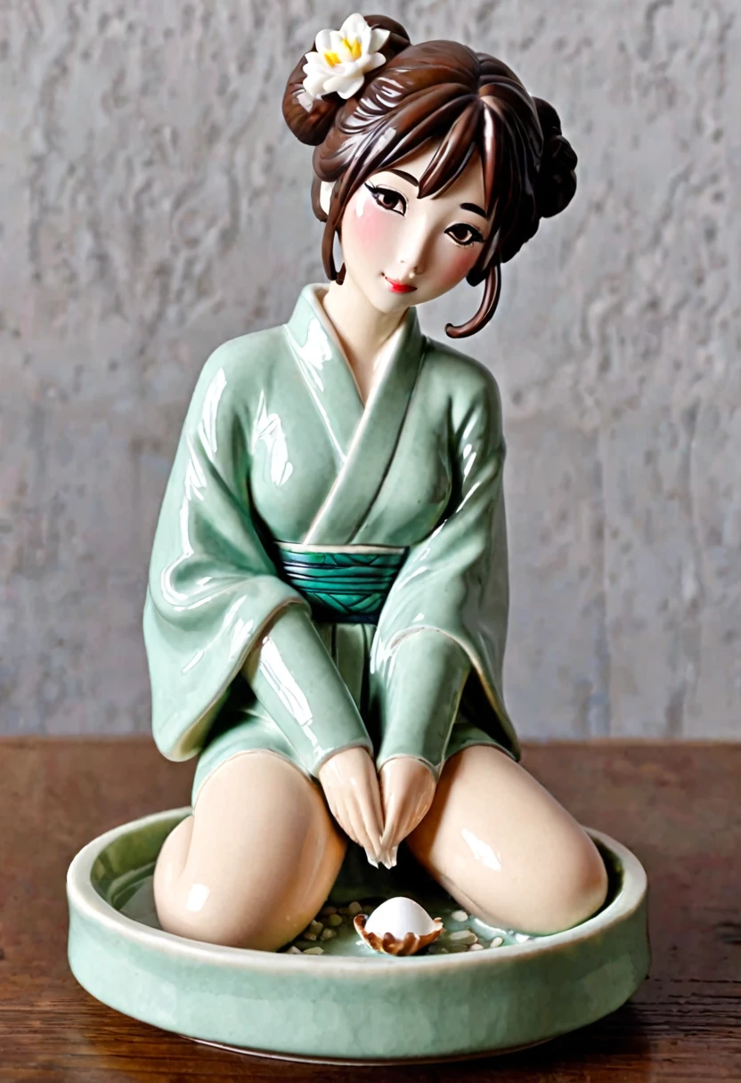 ceramic ash tray (cute woman, yuna, traditional Chinese dress sea foam green, a few egg shell cracks) sitting on a table
