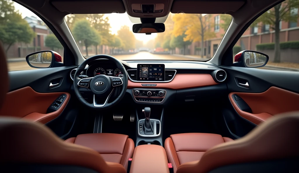 Interior: Give me an interior image of ( Kia Stonic ) Cabin, dashboard, cabin and luxury seats front full look with seats 