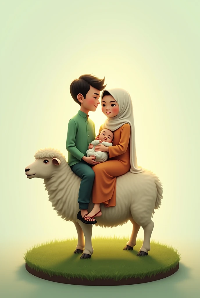 Parents with baby wearing Muslim clothes.they are riding sheep. With an aqiqah nuance. Shades of green. Background transparan. The sheep is standing on a circle of grass and there is soil underneath it.. Indonesian race