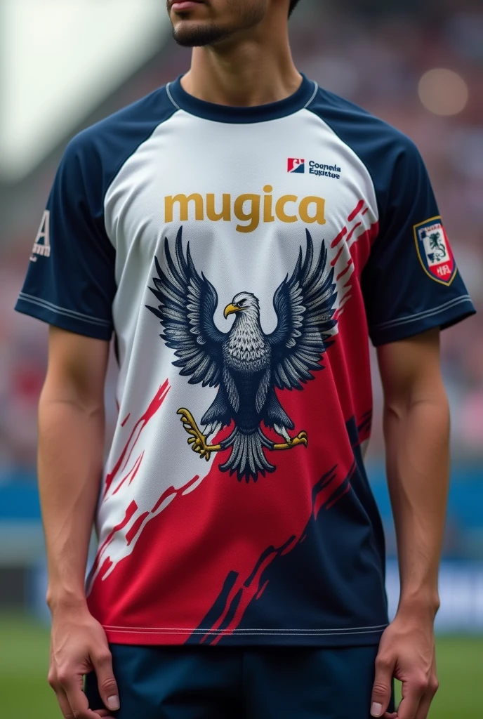 Generate a short sleeve baseball shirt. Includes these aspects, a shield of some institution on the shoulder , includes a blur with the following colors (red, navy blue and white) with a drawing of an eagle on the abdomen, the eagle that is seen as little as possible. In the part of the chest that says "Mugica" with special type of tra and in golden color.
That fence blurred with the previous colors. that all the colors go in a kind of blur.