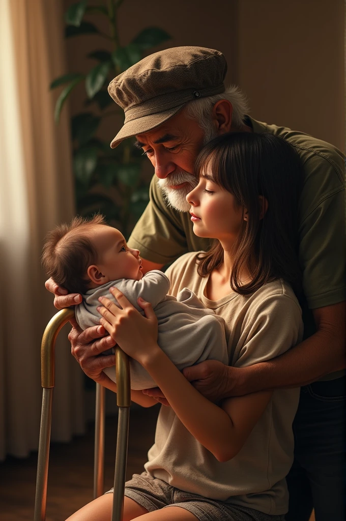 Make a grandfather meet his grandson, o avo usa boeina, crutch, dress pants, thick, dark eyebrows, while the granddaughter held the baby, straight hair granddaughter, medium brown, eyes browns, listening to music and thinking about grandfather