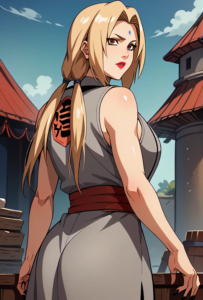 score_9, score_8_up, score_7_up, BREAK, score_9, ChopioTsunade, blonde hair, long hair, low twintails,large breasts,hair tie, brown eyes, forehead mark, red lipstick, mature female, large breasts, black nails, outfit_2, grey cloak, sleeveless topper , collarbone, red obi, blue short  solo, 1girl, looking at viewer, cowboy shot, ass, from behind, gym