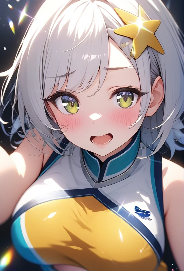 (High resolution, Highest quality、8k1.3),Very precise、One girl, Lip details、Shiny Hair, Long eyelashes、Close one eye、(Cheerleader、Cheer uniform 1.1)、Holding out your hand、I can see your belly button、Blushing, Open your mouth a little, Character portrait, x-shaped hair ornament, Sparkle Effect, Background blur, Ray Tracing, Dynamic