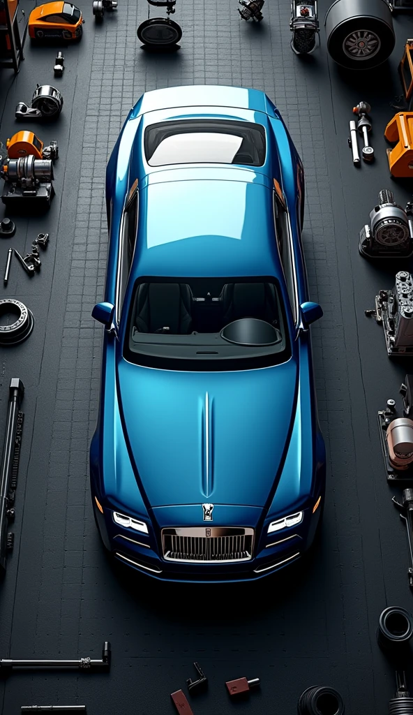 Mobile wallpaper, top-down perspective, real steel blue Rolls Royce car model, placed on a black work panel with rows of neatly arranged small holes on the surface. The work panel is filled with many car parts and tools, including car parts and electronic second-hand parts, assembly tools for parts, tires, knobs, epic details, neatly arranged, complete, parts, details meticulous, realistic, very realistic, surrealistic, real engines, RGB original images, studio lighting, master masterpieces - s 250