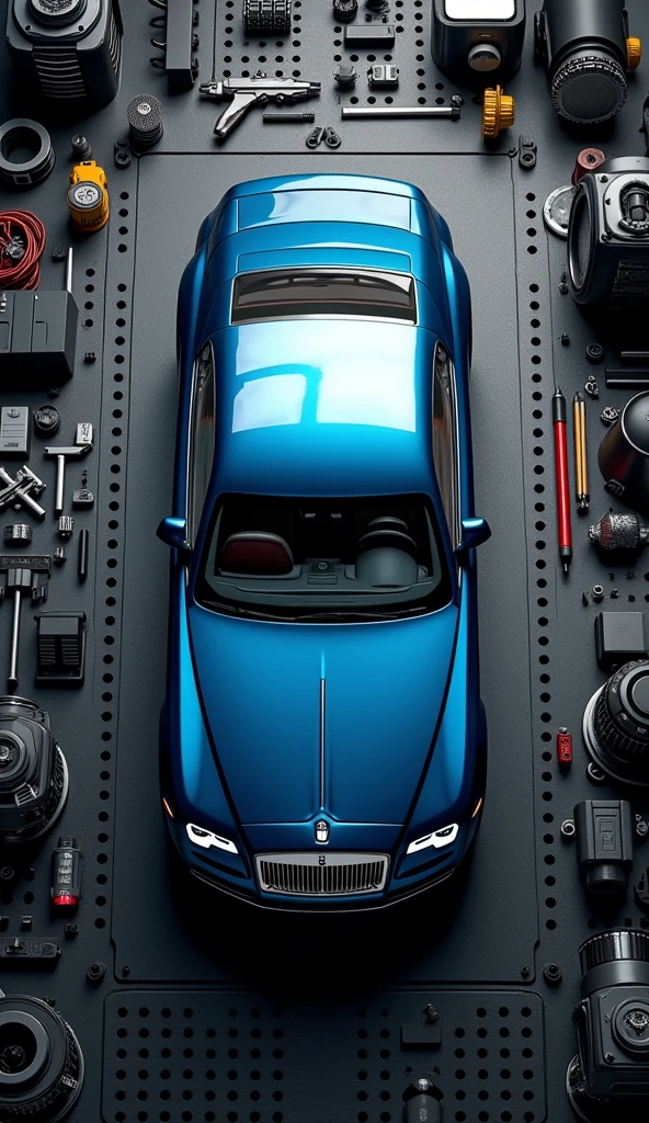 Mobile wallpaper, top-down perspective, real steel blue Rolls Royce car model, placed on a black work panel with rows of neatly arranged small holes on the surface. The work panel is filled with many car parts and tools, including car parts and electronic second-hand parts, assembly tools for parts, tires, knobs, epic details, neatly arranged, complete, parts, details meticulous, realistic, very realistic, surrealistic, real engines, RGB original images, studio lighting, master masterpieces - s 250