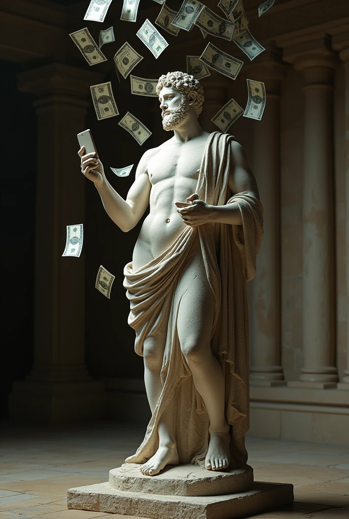 generate an ancient plaster statue with a cell phone in hand and a shower of dollars 