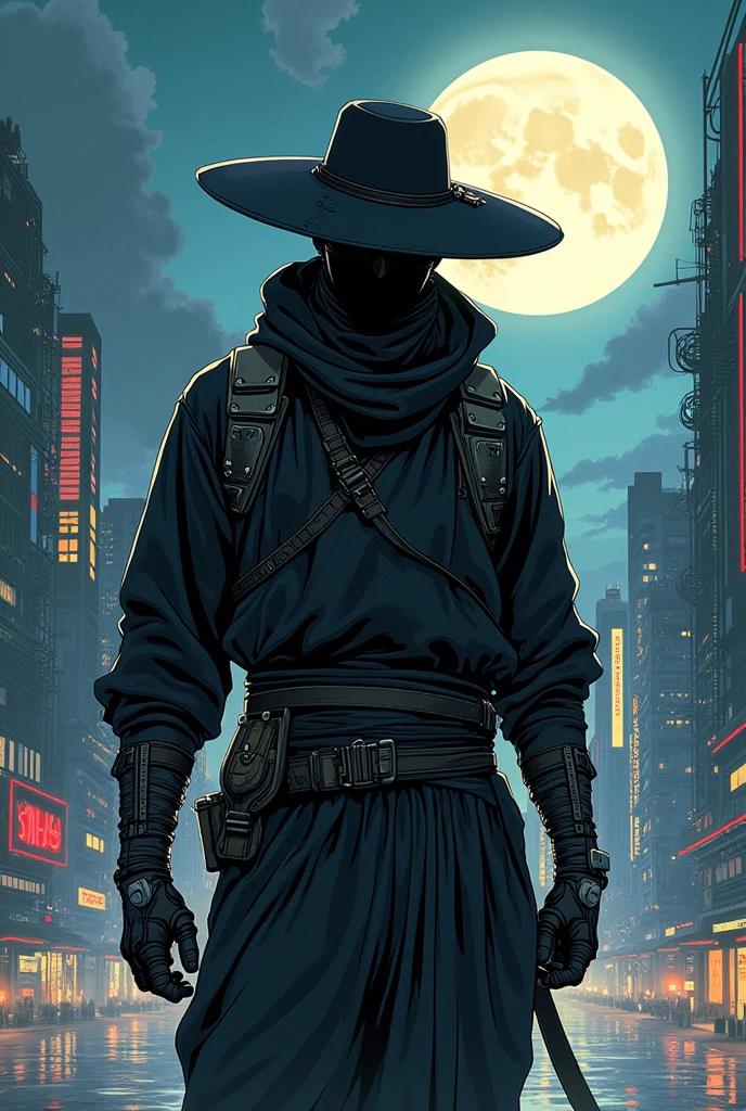full body anime style illustration of ninja in splash sumi-e ink. round hat cover his face and look mysterious. hi-tech cyberpunk mask,big city and moon as a background. half naked female ninja with a handful worn out pants