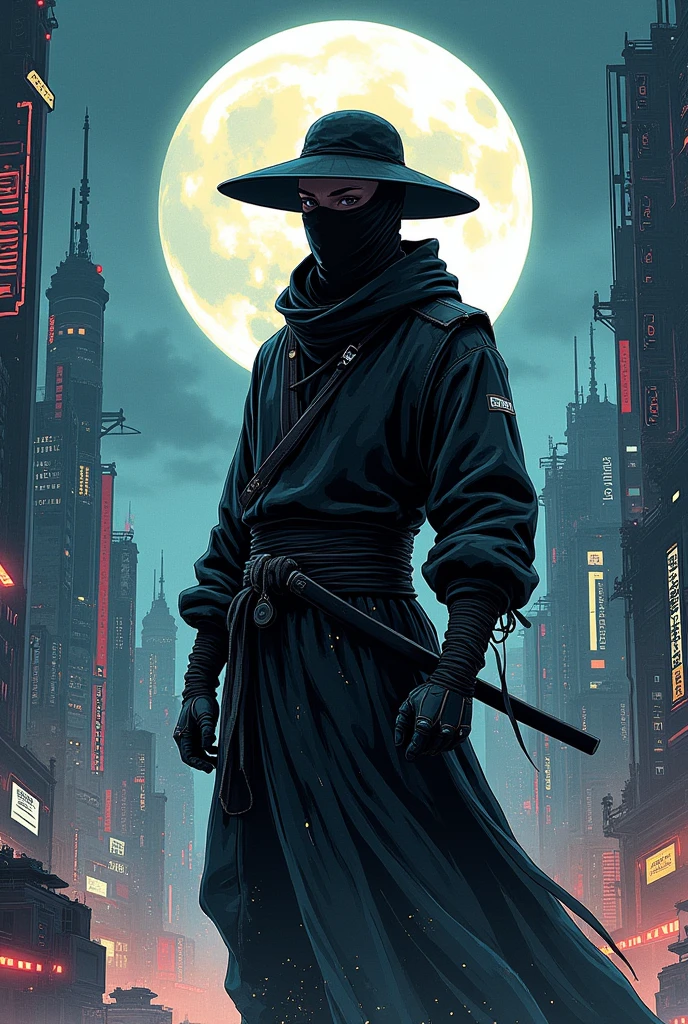 full body anime style illustration of ninja in splash sumi-e ink. round hat cover his face and look mysterious. hi-tech cyberpunk mask,big city and moon as a background. half naked female ninja with a handful worn out pants