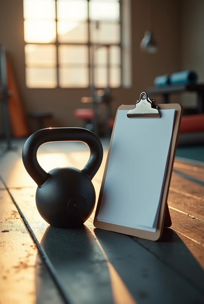 Capture a hyper-realistic close-up image using a 50mm f/1.8 lens, with sharp focus on the kettlebell and clipboard while the background remains softly blurred with a smooth bokeh effect. Implement soft, natural orange light resembling late afternoon sunlight streaming through a large window, with diffused shadows enhancing the textures of the objects. Position the camera at a low angle, about 30-45 degrees relative to the objects, to highlight the kettlebell and clipboard, ensuring the white sheet on the clipboard is prominently visible. Set the scene in a gym with a wooden floor showing natural grain and a yoga mat with visible texture, arranging the kettlebell slightly off-center and the clipboard angled to display the white sheet. Include additional gym equipment, such as folded mats, dumbbells, and resistance bands, to create a sense of activity, and add subtle details like dust particles on the floor or reflections of light on the objects for enhanced realism. Utilize creative lighting with directional lights or lanterns to cast interesting shadows and patterns, increasing the depth of the scene, while maintaining a clean and organized composition that feels vibrant and active