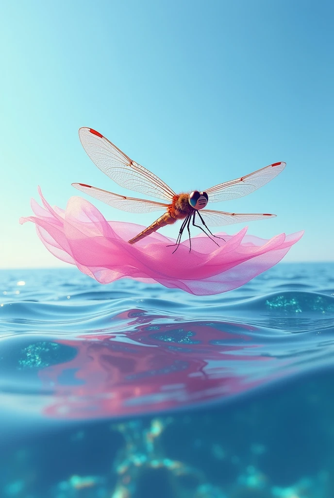 The dragonfly in a pink floaty in the ocean