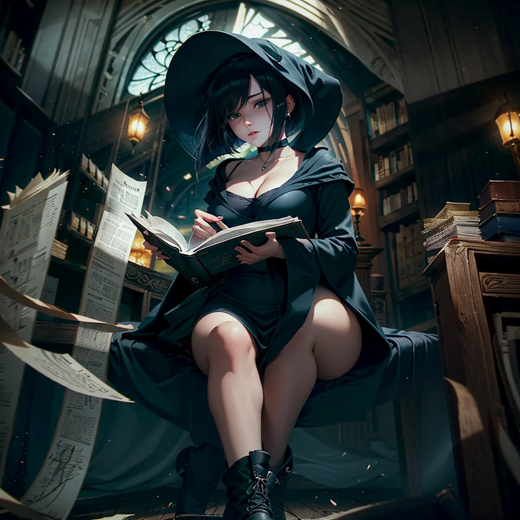 A woman reading a grimoire in a fantastic library, Black Hat, Black Boots, Black Long Cardigan, White dress, Black hair, Short bob