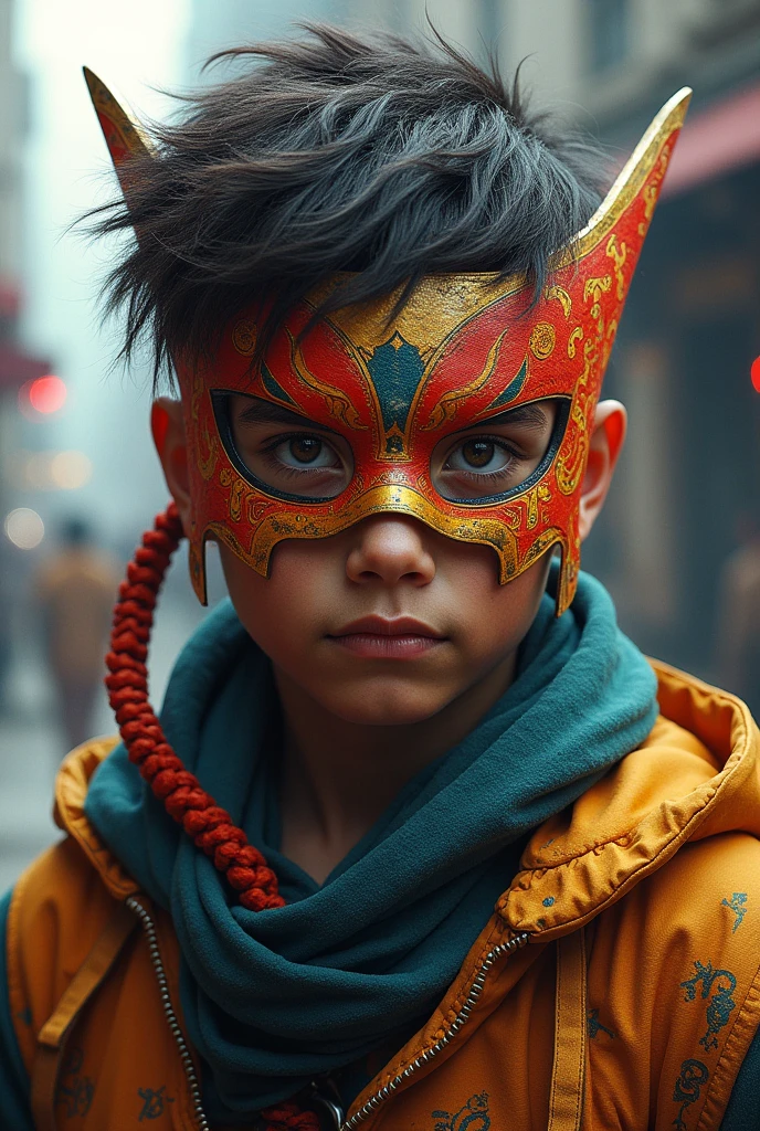 Draw a. Rap picture of a younger warrior boy wearing a mask in reality life