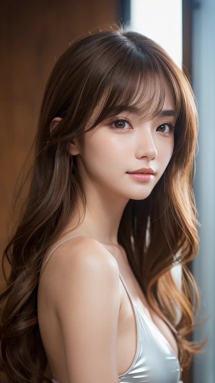Product quality, 1 girl, Cowboy Shot, Front view, Young and pretty girl in Japan, At night, Wearing a mini skirt, Super cute face, Shiny lips, Double eyelids on both eyes, (Natural Makeup), Shiny smooth light brown hair with long hair, Asymmetrical bangs, Center image, 8k resolution, Attention to detail, Detailed Hair型, Detailed face, Cinema Lighting, Octane Rendering, ultra-realistic, Perfect limbs, Perfect Anatomy, Latex bodysuit、Knee-high boots、Huge 、Long brown hair、Shiny, Oily skin、Glowing Skin、Indoor competition pool、White skin、flying debris, Highest quality, Realistic, Very detailed, finely, High resolution, 8K Dende Wallpaper, One beautiful woman,, Light brown messy hair, Wear a business suit, Sharp focus, Perfect dynamic composition, Beautiful and detailed, Detailed Hair, Detailed Realistic skin texture, smile, Close-up portrait, Model body type