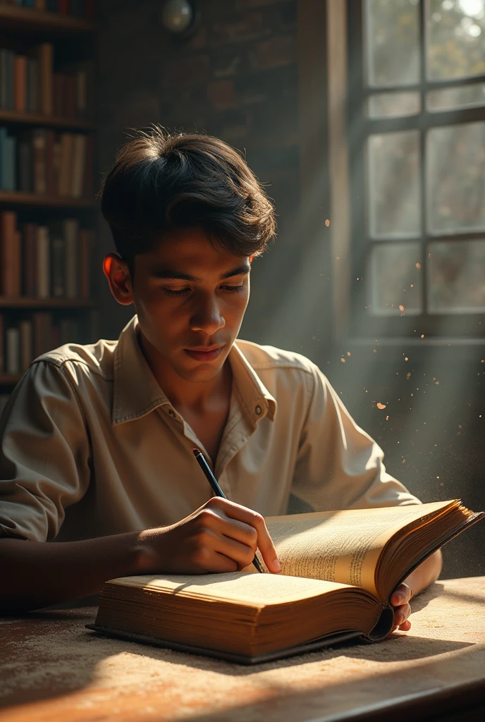 A 20 year old boy from a middle class family studying in a famous college of Delhi and his name is Vishal is in the college library and he finds a very old book which is covered with dust ,4k hd realistic