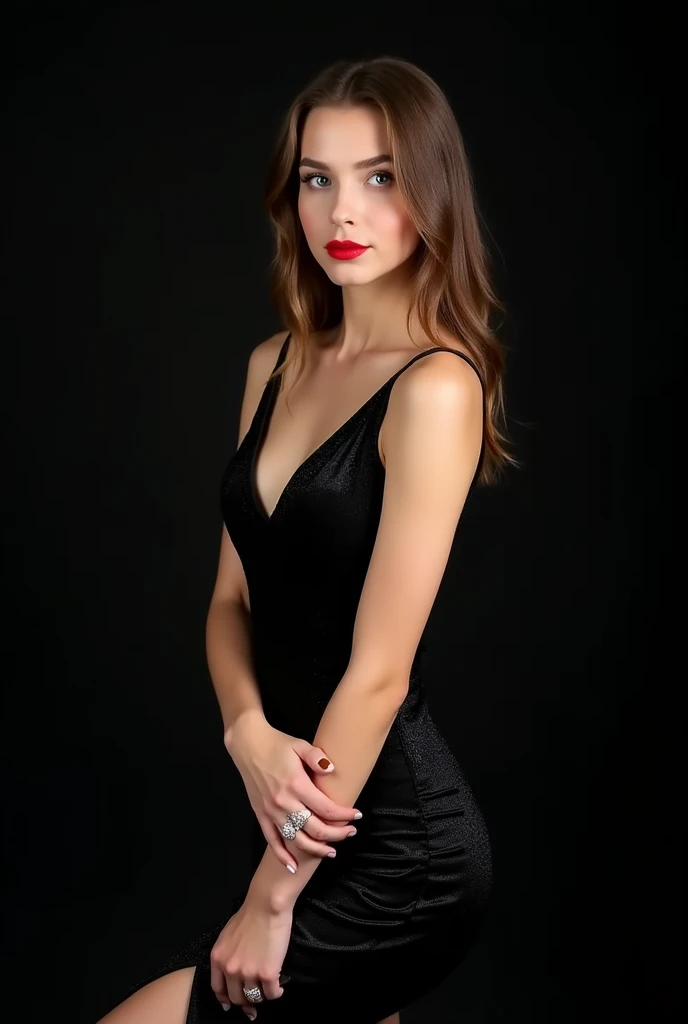 make a beautiful 1 Ukrainian girl with blue eyes, petite teen, wearing a shiny black evening dress with a slit between the legs, she has red lips with bright, bold red lipstick, She has detailed and beautiful skin, she shows a diamond ring on her finger, black background without light