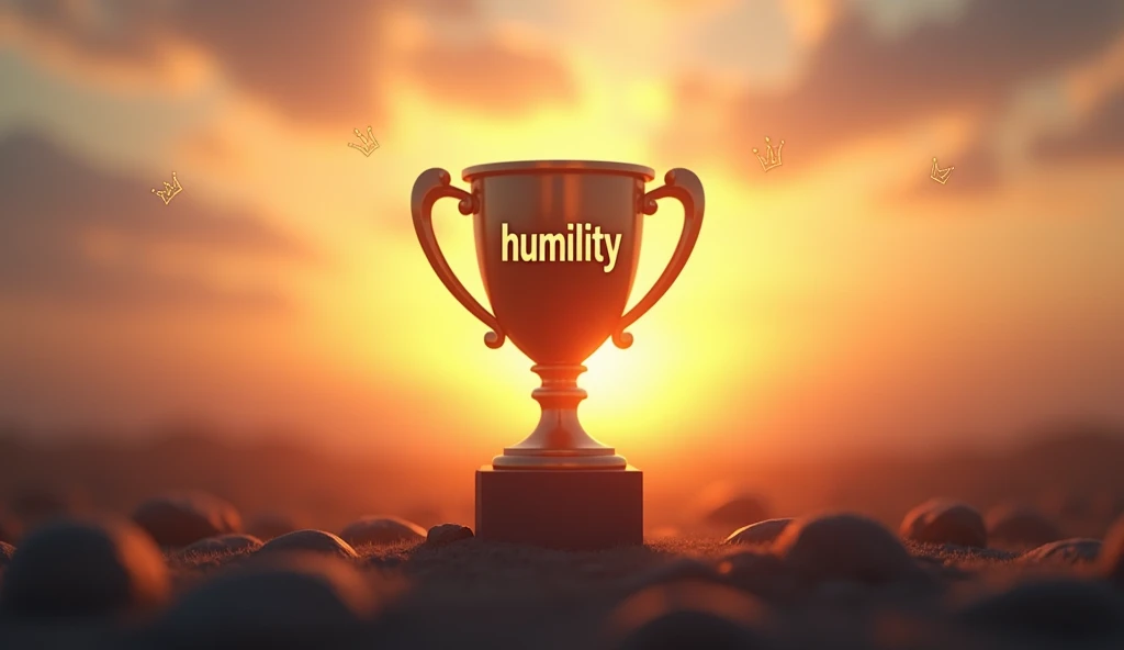 /Imagine uma thumbnail cativante 16:9 showing the theme of humility triumphing over pride. The background features a gradient sunset, symbolizing hope and growth. In the foreground, a trophy with the word "humility" engraved on it, surrounded by soft rays of light.  Include small icons like a crown (for pride) fading into the background, contrasting with the trophy. --ar 16:9 --v 5 --q 2 --style 4b --no people