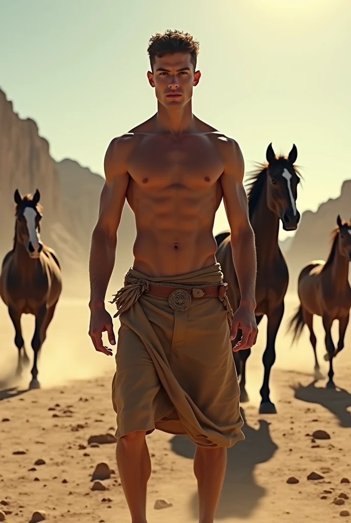 A young handsome beautiful slim shirtless white skinned man in the desert many horse running behind him 