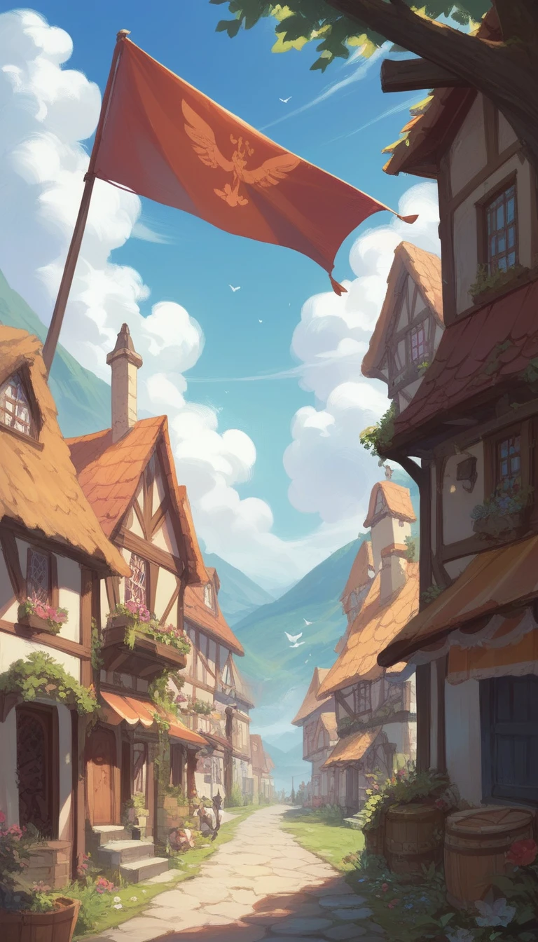 Colourful Medieval Village, and beautiful clouds in the sky
