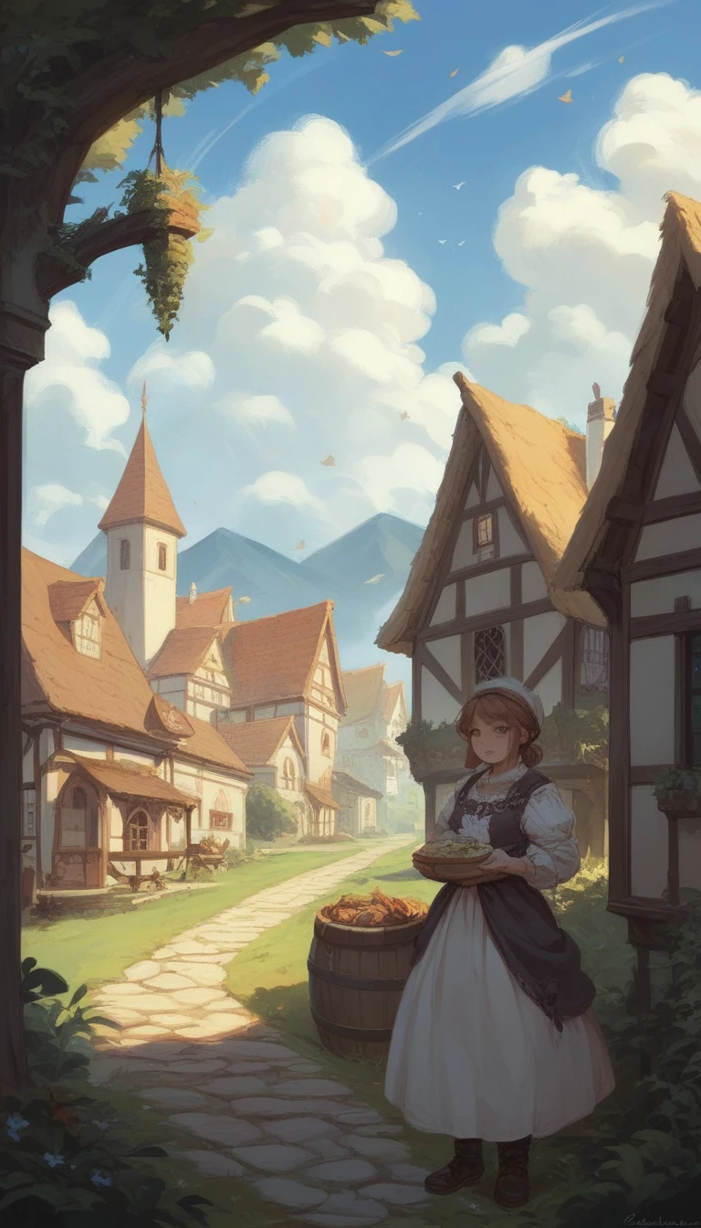 Colourful Medieval Village, and beautiful clouds in the sky