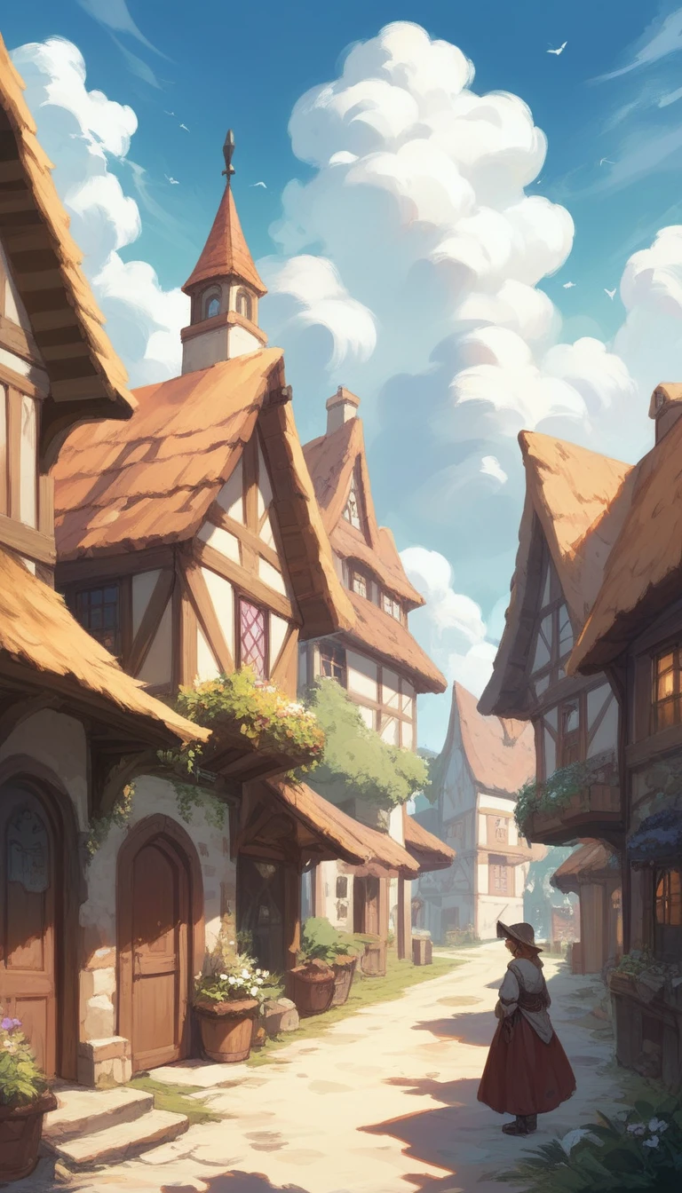 Colourful Medieval Village, and beautiful clouds in the sky