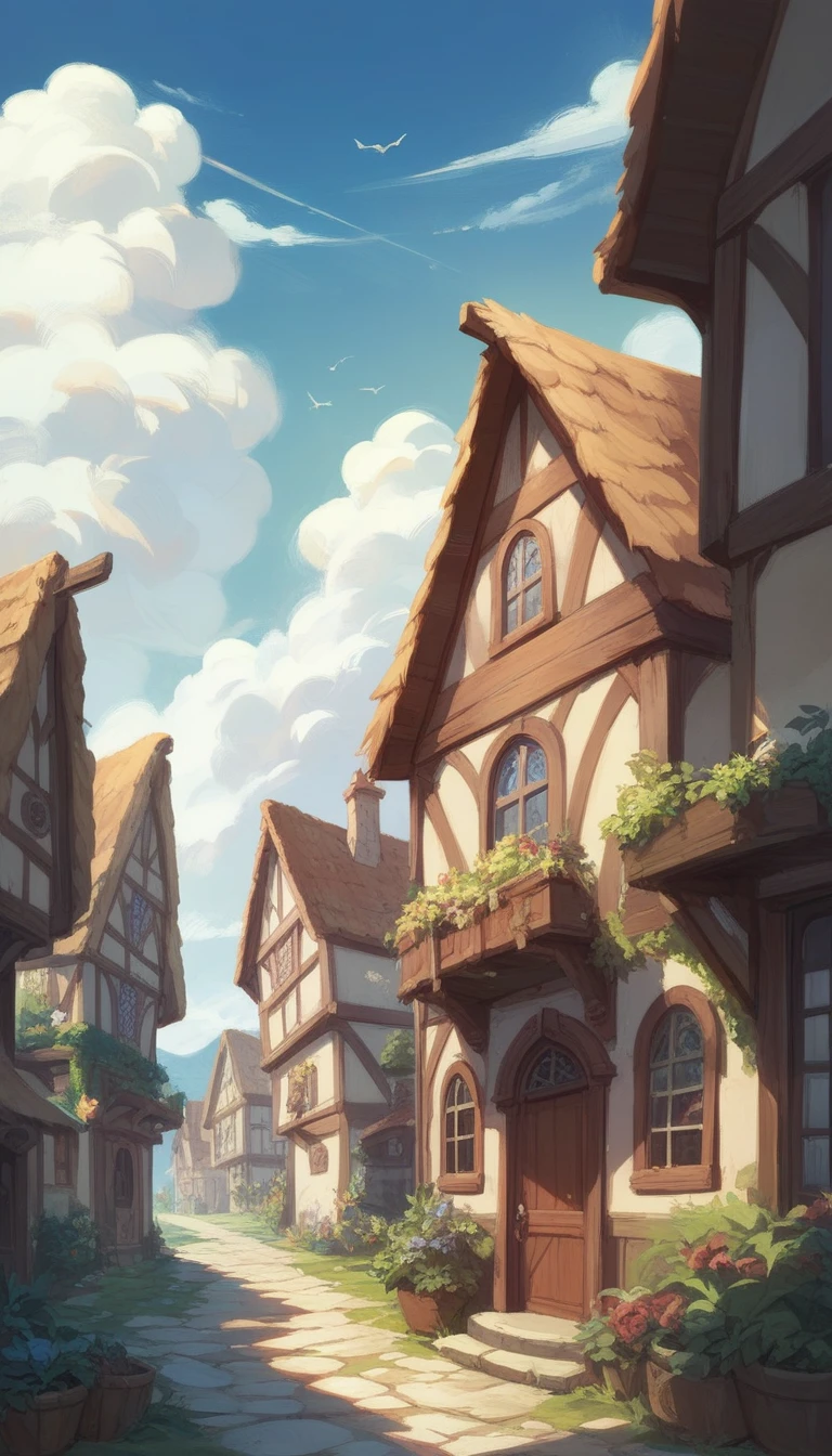 Colourful Medieval Village, and beautiful clouds in the sky