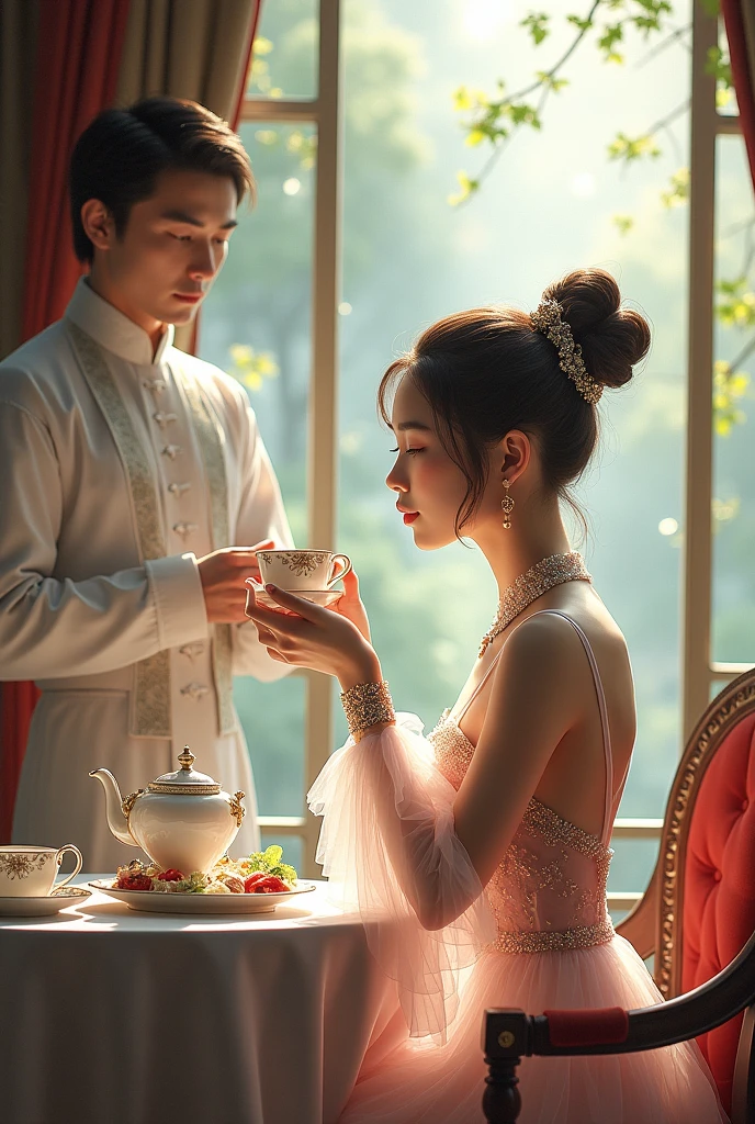 A lady enjoying teatime with a high-quality ceramic teacup、A butler stands next to her with his back to her、White transparent costume、Window、Beautiful garden view、Luxurious furnishings、Depth of written boundary、Intricate drawing、