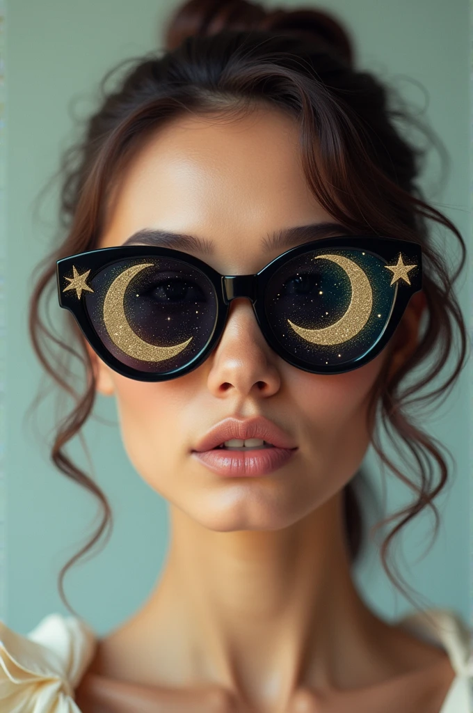 The model is wearing glass sunglasses with stars and the moon on the glass