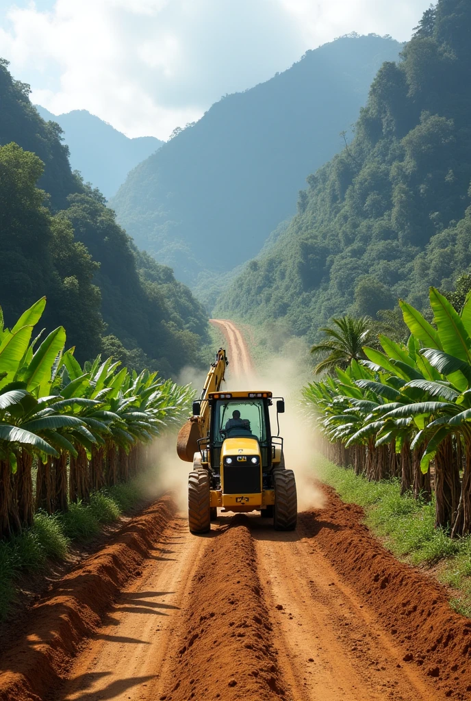 Opening of roads with a Caterpillar 416 F2 backhoe tractor in banana and citrus crops, in the mountainous Amazon of Bolivia