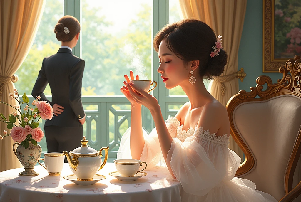 A lady enjoying teatime with a high-quality ceramic teacup、A maid dressed in black stands next to her with her back to the camera.、White transparent costume、Window、Beautiful garden view、Luxurious furnishings、Depth of written boundary、Intricate drawing、Impressionist style