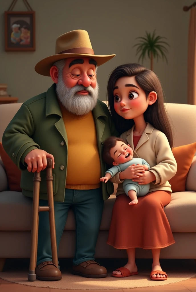 Make a grandfather meet his grandson, o avo usa boeina, crutch, dress pants, thick, dark eyebrows, sem beard, while the granddaughter held the baby, straight hair granddaughter, medium brown, eyes browns, listening to music and thinking about grandfather