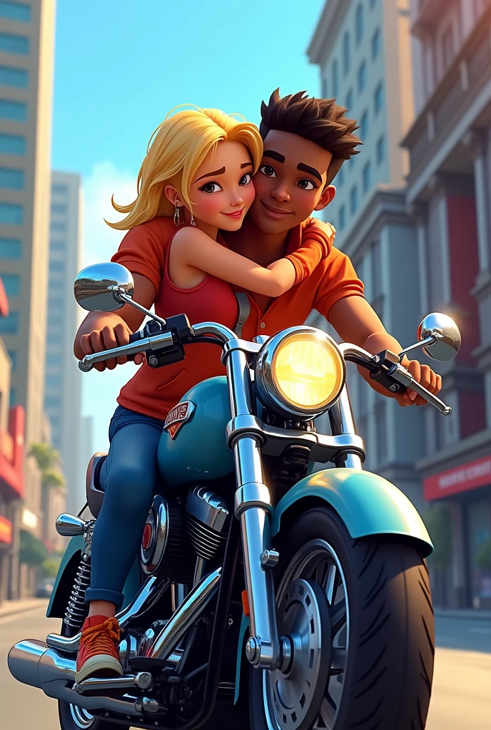 Animated couple blonde girl and black boyfriend on a motorbike hugging 