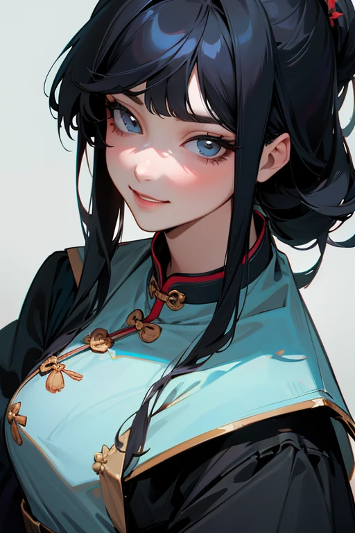 (Highest Resolution, clear_image) Highest quality, single, One woman, alone, masterpiece, Very detailed, Semi-realistic, Black Hairのショートヘア, Black Hair, bangs, 1, mature, Light blue , Indoor Background, kind, Authoritative, Powerful, exquisite features, exquisite features、Eyelashes become longer、Showing teeth、smile😀、Chinese Dress Maid、woman'Fingers in the、Long Hair、Fluttering in the wind、