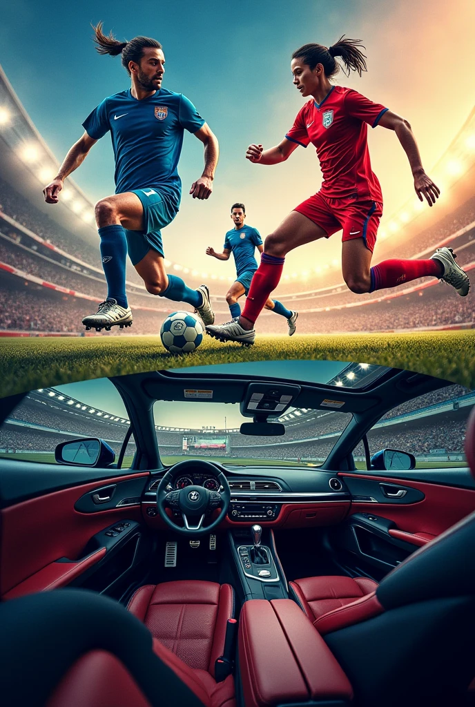 Create a collage including images of soccer and car audio