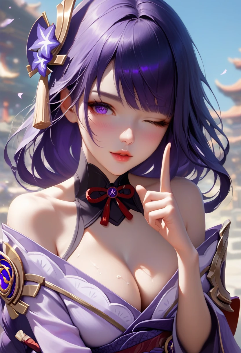 score_9, score_8_superior, score_7_superior,sauce_anime, High-resolution images,masterpiece,Highest quality,girl,Cute Face,large breast ,Beautiful Skin,_Shogun_Genshin Impact, Purple long hair,One finger raised to his lips,Winking with one eye closed,Slouching