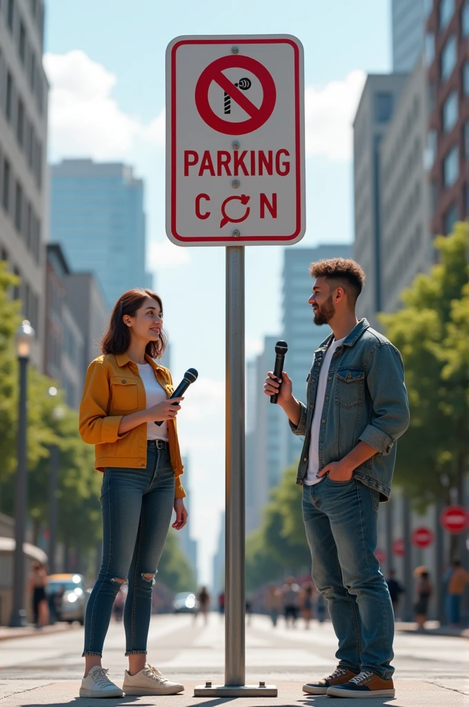 Display a no parking sign where two young people, a woman and a man, each with a microphone, appear (PATH2)