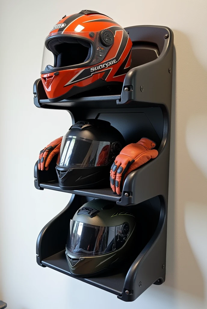 A rotating motorcycle helmet and accessory organizer that has a motorcycle-related design and can also be used to hang jackets.